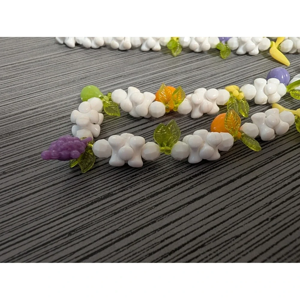 Vintage‎ Style Fruit Salad Plastic Bead Necklace White Popcorn Grapes Bananas